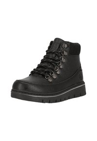Botas de senderismo negras con un upper de cuero texturizado, ojales metálicos y suela de goma gruesa con una franja blanca visible.