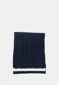 Sciarpa lavorata a maglia blu navy con un motivo di trecce testurizzato e un orlo a coste con righe bianche. Il materiale appare accogliente e spesso.