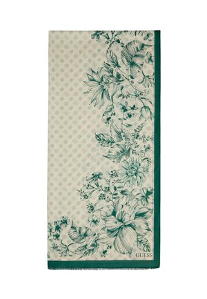 Rechteckiger Stoff mit grünen Blumen- und Blattmustern auf hellem Hintergrund, grünem Rand und "GUESS"-Logo in der unteren rechten Ecke.
