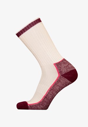 Knee-high socks with a cream body, burgundy toe and heel, and a pink accent. Features a ribbed texture and contrasting colors.