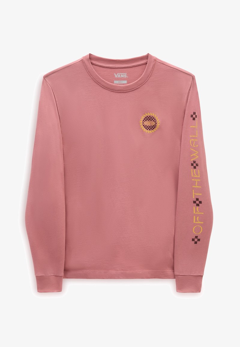 Maglietta a maniche lunghe rosa in cotone. Presenta una grafica del sole e il testo "OFF THE WALL" in giallo lungo la manica sinistra. Vestibilità casual.
