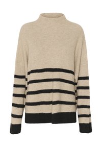 Beige pulóver fekete vízszintes csíkokkal, bordás textúrával, magas, állig érő nyakkal és ejtett vállakkal. Laza fazon, egyenes aljú.
