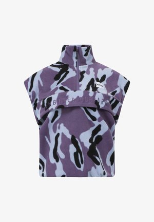 Purple and light blue fleece pullover with black and purple camouflage pattern, high collar, and embroidered text "UNBORED ONBOARD."