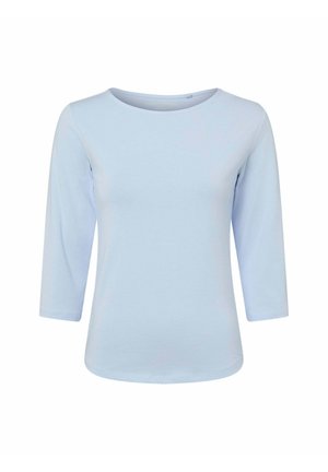 Jasnoniebieska koszula z długim rękawem i okrągłym dekoltem, wykonana z miękkiego materiału. Projekt obejmuje dopasowane rękawy i prosty dół.