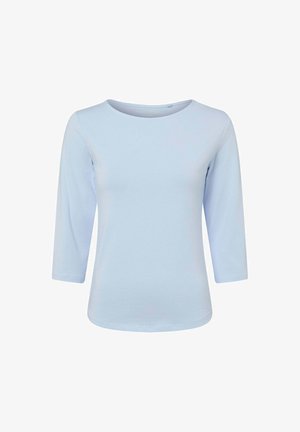 Jasnoniebieska koszula z długim rękawem i okrągłym dekoltem, wykonana z miękkiego materiału. Projekt obejmuje dopasowane rękawy i prosty dół.