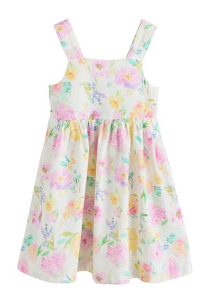 Robe blanche sans manches avec un motif floral pastel rose, jaune et vert et une taille froncée.