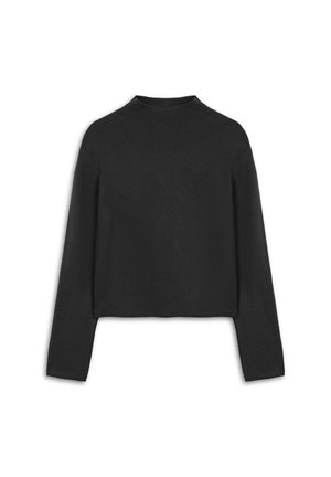 Pull court noir à manches longues, col rond, fabriqué en tricot doux. Présente une texture lisse et un design minimaliste.