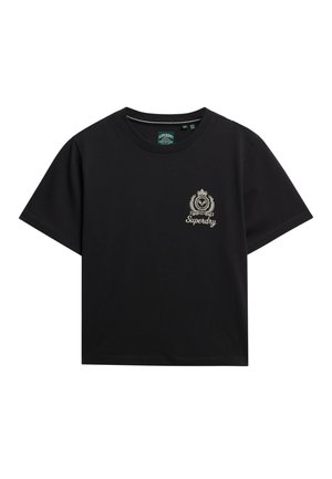 Schwarzes Baumwoll-T-Shirt mit Rundhalsausschnitt, kurzen Ärmeln und einem kleinen, beige gestickten Logo auf der Brust, im entspannenden Schnitt.