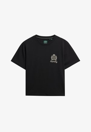 Zwarte katoenen T-shirt met een ronde hals, korte mouwen en een klein geborduurd logo op de borst in beige, met een ontspannen pasvorm.