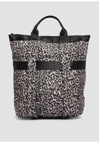 Borsa a tracolla leopardata nera e beige con doppio manico superiore e chiusura con zip. Presenta due fasce nere sulla parte anteriore per un tocco di dettaglio in più.