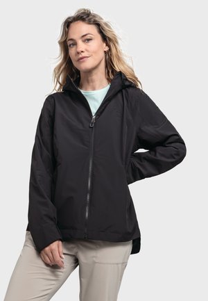 Schwarze Zip-Jacke aus leichtem Material mit Kapuze, mit einem dezenten Logo, lässiger Passform und langen Ärmeln.