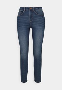 Högmidjade smala jeans i mörkblå denim, med lätt förslitning, fem fickor och knappstängning. Sticksömmar och avskärning.