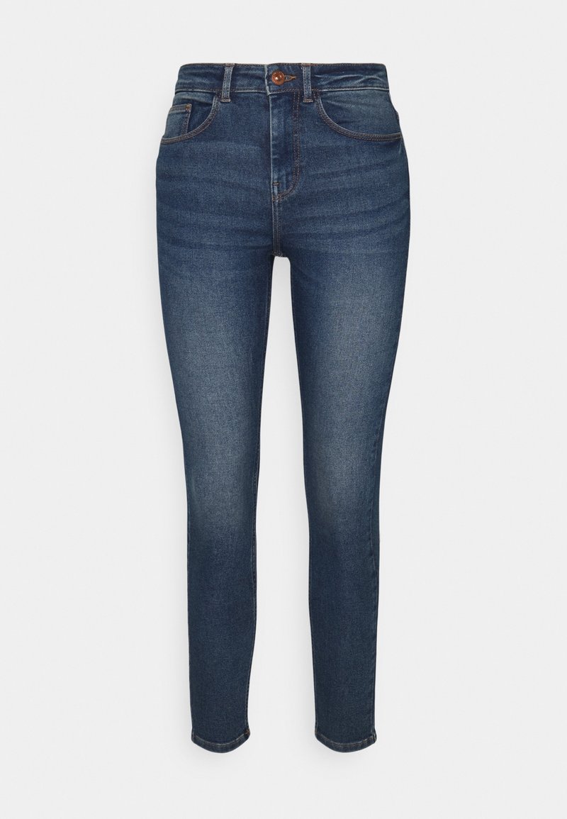 Högmidjade smala jeans i mörkblå denim, med lätt förslitning, fem fickor och knappstängning. Sticksömmar och avskärning.