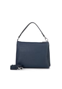Borsa a mano in pelle blu notte con forma rettangolare, manico superiore e tracolla rimovibile. Caratterizzata da una texture liscia e un design minimalista.
