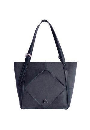 Bolso tote de cuero en gris oscuro con patrón geométrico cosido, doble asa y correa de hombro desmontable. Pequeño detalle del logo en la base.