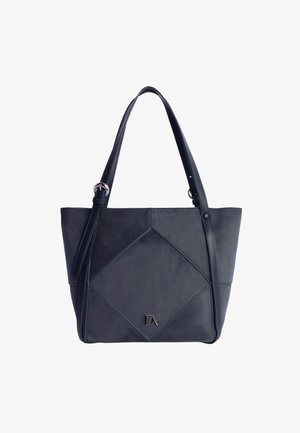 Bolso tote de cuero en gris oscuro con patrón geométrico cosido, doble asa y correa de hombro desmontable. Pequeño detalle del logo en la base.