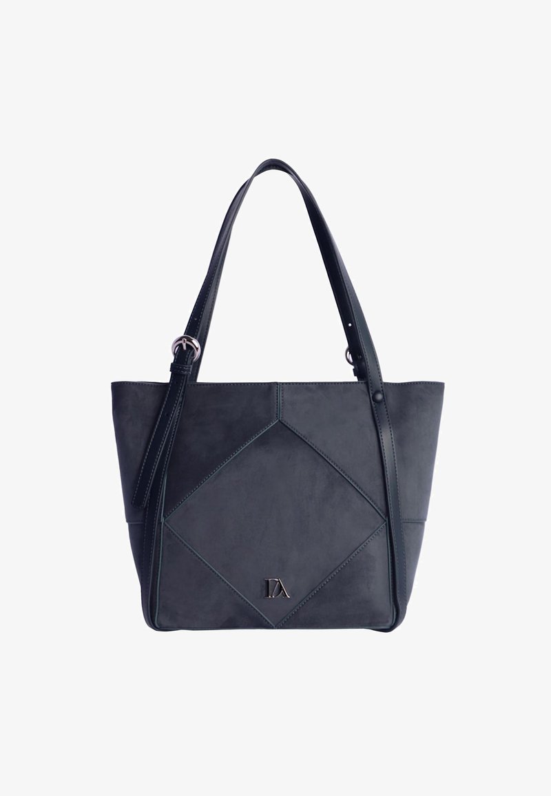 Bolso tote de cuero en gris oscuro con patrón geométrico cosido, doble asa y correa de hombro desmontable. Pequeño detalle del logo en la base.
