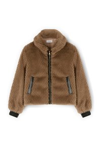 Giacca di pelliccia sintetica marrone con finitura testurizzata, chiusura frontale con zip e dettagli in pelle nera sui lati. Presenta un ampio colletto e polsini a costine.