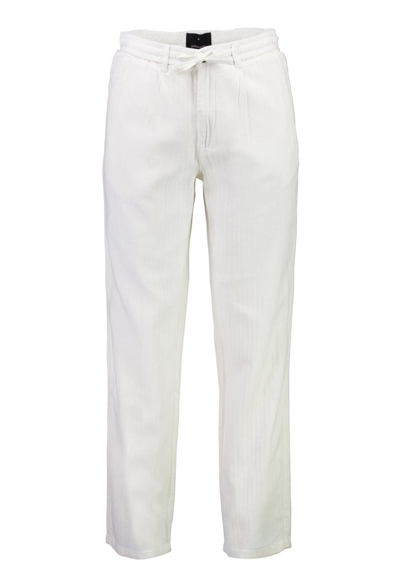 Pantalones de lino blancos con cintura elástica, cierre con cordón y diseño de pierna recta. Textura suave con sutiles rayas verticales.