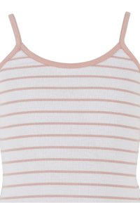 Débardeur rayé en blanc et rose doux, présentant une texture côtelée, des bretelles fines et une encolure ronde avec une bordure contrastante.