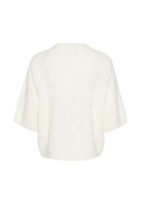 Valge lühikeste varrukatega pullover, millel on tekstureeritud kudumimuster, soonikkoes alläär ja lõdvalt istuv lõige, vaadatuna tagant.