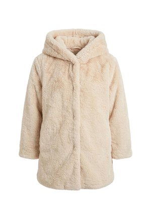 Cappotto con cappuccio color crema, soffice e peloso, con maniche lunghe e una texture morbida e vellutata, mostrato frontalmente senza chiusure visibili.