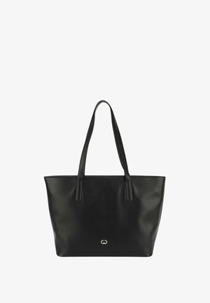 Black leather tote bag with two long handles, smooth surface, structured shape, and a subtle logo detail on the front.
