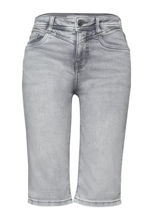 Světle šedé džínové kraťasy ke kolenům s předními kapsami, poutky na opasek a zapínáním na knoflík.