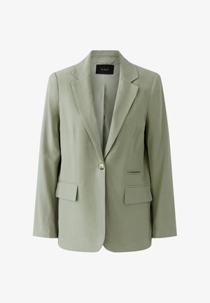 Light green single-button women's blazer with notch lapels, two front flap pockets, and a black inner label reading "oui".