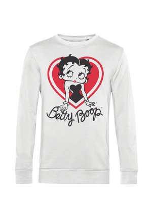 Biała bluza z długim rękawem z czarno-białą ilustracją Betty Boop wewnątrz czerwonego serca, z napisem "Betty Boop" w kursywie poniżej.