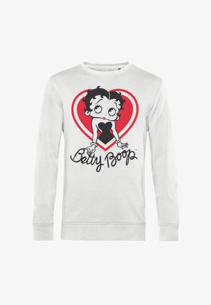 Biała bluza z długim rękawem z czarno-białą ilustracją Betty Boop wewnątrz czerwonego serca, z napisem "Betty Boop" w kursywie poniżej.