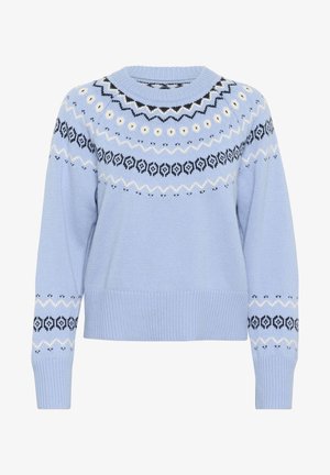 Hellblauer Pullover mit rundem Ausschnitt, der mit gemusterten Akzenten in Schwarz und Weiß versehen ist. Gerippte Bündchen und Saum, weicher Stoff und lässige Passform.