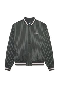 Green bomber jacket with vertical white stripes, ribbed collar and cuffs, snap-button closure, and side pockets. Features logo embroidery.