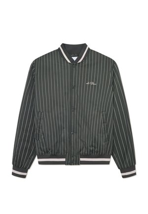 Green bomber jacket with vertical white stripes, ribbed collar and cuffs, snap-button closure, and side pockets. Features logo embroidery.
