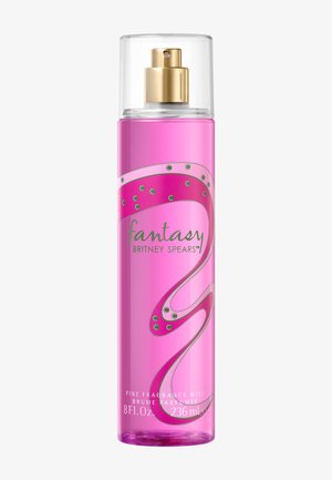 Høj, lyserød sprayflaske med Britney Spears Fantasy fin duftmist, 8 fl oz, med klar hætte og dekorativ swirl-design.
