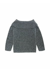 Grijze off-shoulder trui met lange mouwen, gebreide textuur en een relaxte pasvorm. De stof lijkt zacht en heeft een licht vachtige oppervlaktetextuur.