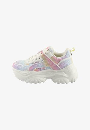 Glittery white sneakers featuring a chunky sole, iridescent accents, and a textured pattern on the upper, with a pull tab at the heel.