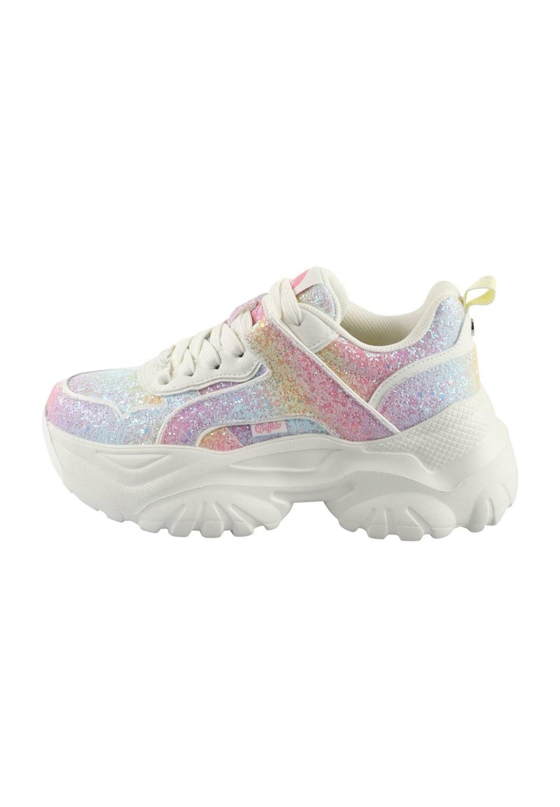 Glittery white sneakers featuring a chunky sole, iridescent accents, and a textured pattern on the upper, with a pull tab at the heel.