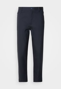 Ναυτικό μπλε προσαρμοσμένα παντελόνια από λείο ύφασμα, με κλειστό τσέπη με φερμουάρ, ίσιες γραμμές και κούμπωμα με κουμπί στη μέση.