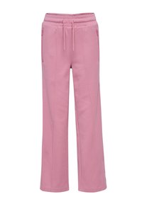 Roze joggingbroek met een trekkoord in de taille, wijd gesneden ontwerp, textuurstof en twee zijzakken met rits. Eenvoudig en functioneel ontwerp.