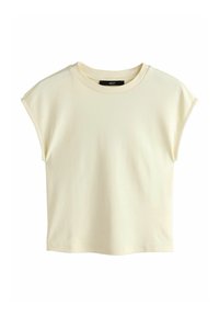 Rövid ujjú, krémszínű pamut póló, puha anyagból készült, környakú kivitelben, enyhén leeresztett vállakkal és laza szabással.