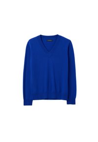 V-hals, lange mouwen trui in felblauw, gemaakt van zachte stof met geribbelde manchetten en zoom, met een minimalistisch ontwerp en zonder patronen.