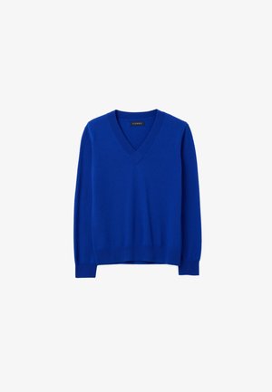 V-hals, lange mouwen trui in felblauw, gemaakt van zachte stof met geribbelde manchetten en zoom, met een minimalistisch ontwerp en zonder patronen.