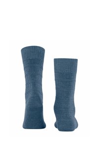 Calzini blu lavorati a maglia con texture a coste, caratterizzati da linee orizzontali e verticali. Tessuto morbido e elasticizzato, progettato per comodità e vestibilità.