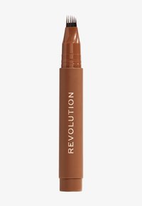 Feutre à sourcils marron à multi-plumes avec un applicateur effilé, présentant une finition mate et la marque "REVOLUTION" en blanc.