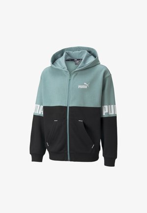 Sweat à capuche zippé en vert menthe et noir, avec un logo, deux poches avant et des blocs de couleur contrastants sur les manches.