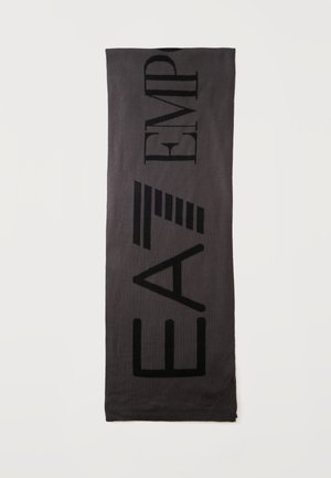 Écharpe rectangulaire gris foncé avec de grandes lettres noires épelant "EA EMP" et un logo rayé au centre sur un fond uni.
