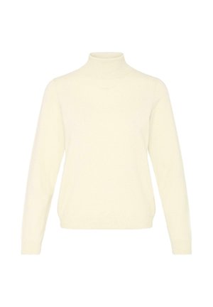 Krémový svetr s rolákem z měkkého úpletu. Vlastnosti: dlouhé rukávy a uvolněný střih. Hladká textura bez jakýchkoli vzorů nebo doplňků.
