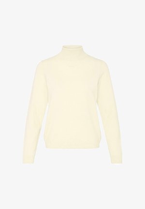 Kremfarget genser med høyt halsur i myk strikk. Har lange ermer og en løs passform. Glatt tekstur uten ekstra mønstre eller detaljer.