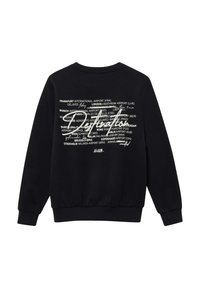 Felpa nera con collo a giro, polsini e vita a costine. Presenta un testo bianco che elenca vari aeroporti e stati dei voli sulla parte posteriore.